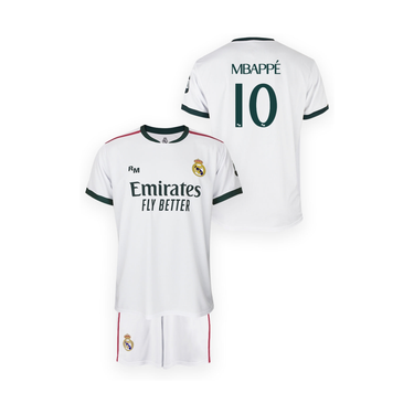 Pack PlanetFoot pack cadeau real madrid mbappe enfant 2026 27 kit blanc sac a dos: ensemble maillot et short Real Madrid Mbappé enfant blanc sur fond blanc