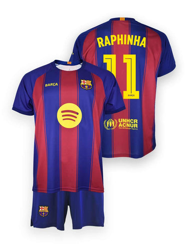 Kit FC Barcelone Domicile Junior Raphinha N°11 2025/26 Blaugrana