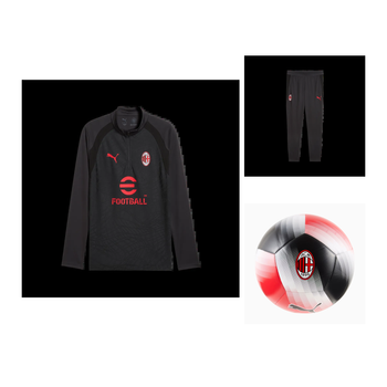 Pack Entraînement Complet AC Milan Homme 2026/27 Gris Foncé – Haut + Pantalon + Ballon - les trois articles sur fond blanc, montage e-commerce