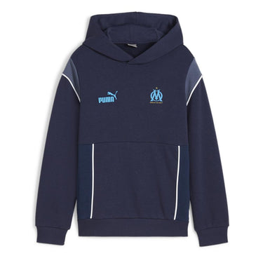Sweat à capuche OM FtblArchive enfant bleu, vue avant officielle.