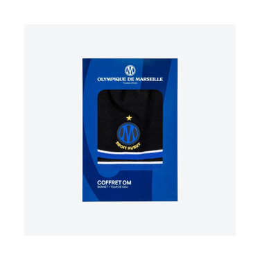 Pack PlanetFoot pack cadeau om hiver adulte 2026 27 noir bleu coffret ballon: coffret bonnet et tour de cou OM noir sur fond blanc