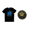 Pack PlanetFoot pack cadeau om heritage enfant 2026 noir or t shirt mini ballon: ensemble des articles du pack sur fond blanc