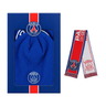 Pack cadeau PSG hiver adulte 2026 : coffret bonnet tour de cou bleu et écharpe PSG sur fond blanc