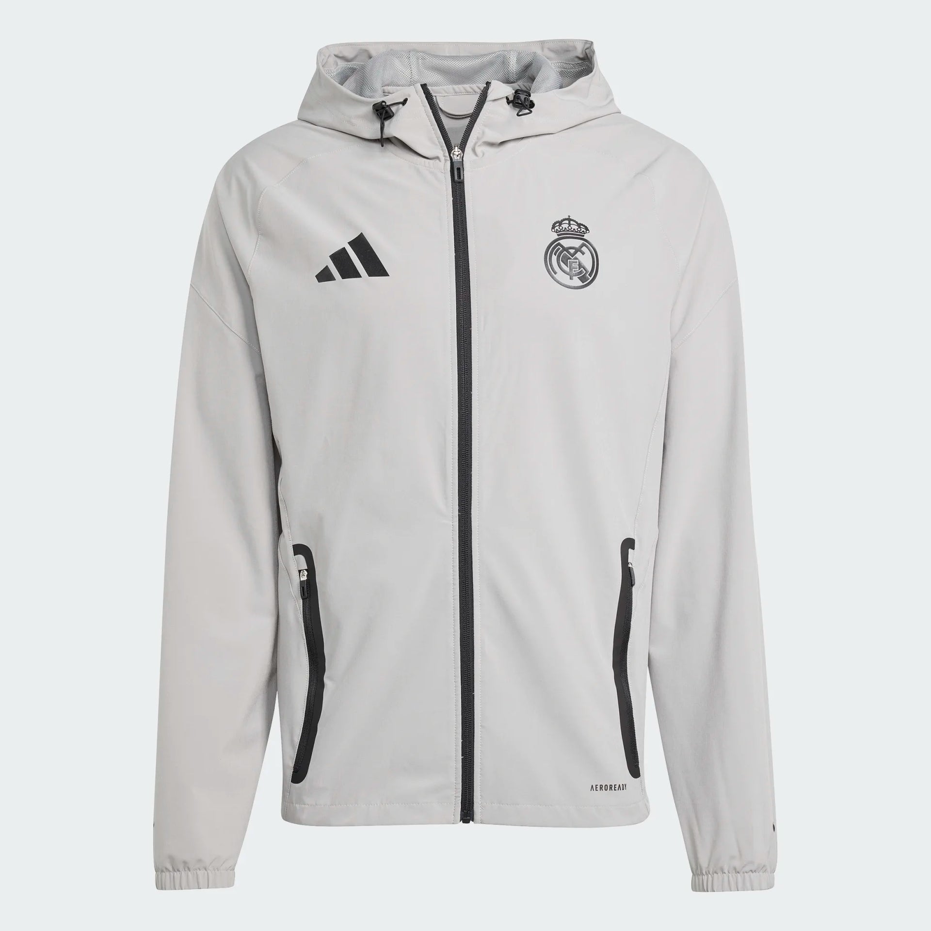 Real Madrid Hooded Jacket Woven Tracksuit 2025 Grey - Planet Foot Real Madrid Hooded Jacket Woven Tracksuit 2025 Grey - Planet Foot