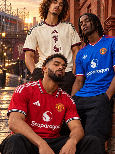 Trois modèles portant les maillots officiels Manchester United 2026/27 : domicile rouge, extérieur bleu et third beige, dans une ambiance urbaine près d'Old Trafford.