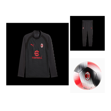 Pack Entraînement Complet AC Milan Homme 2026/27 Gris Foncé – Haut + Pantalon + Ballon - les trois articles sur fond blanc, montage e-commerce